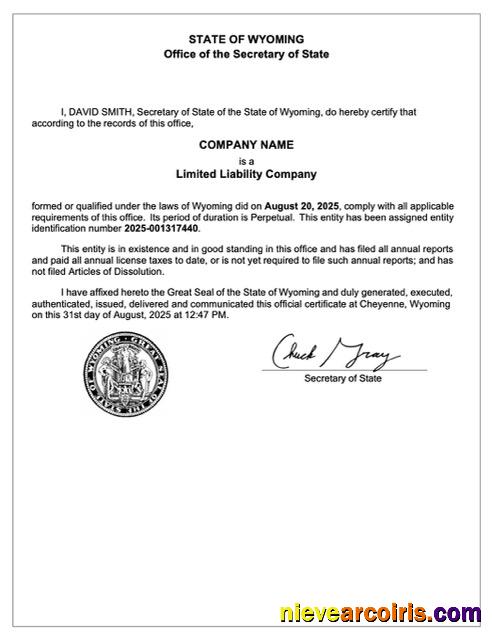 USA Wyoming certificate of registration, version 2